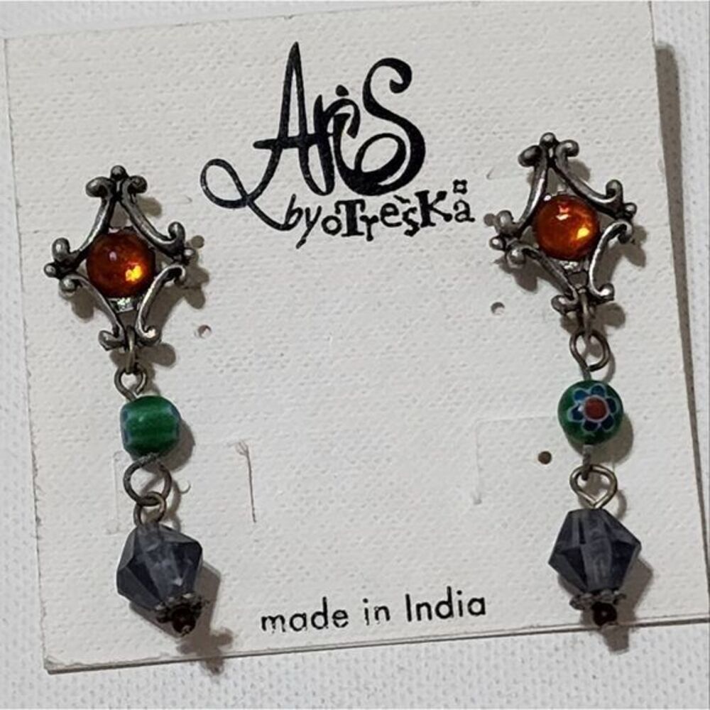 Aris Treska Bohemian Beaded‎ Drop Earrings Silver Tone Millefiori Made in India